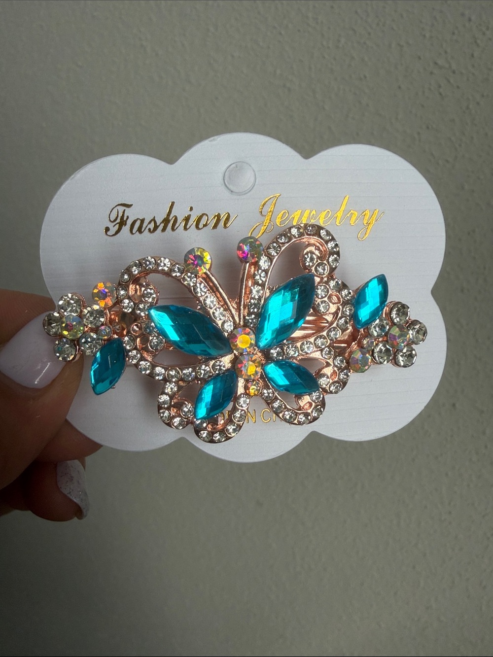 Blue Crystal Jeweled Butterfly French Barrette Hair Clip NWT
